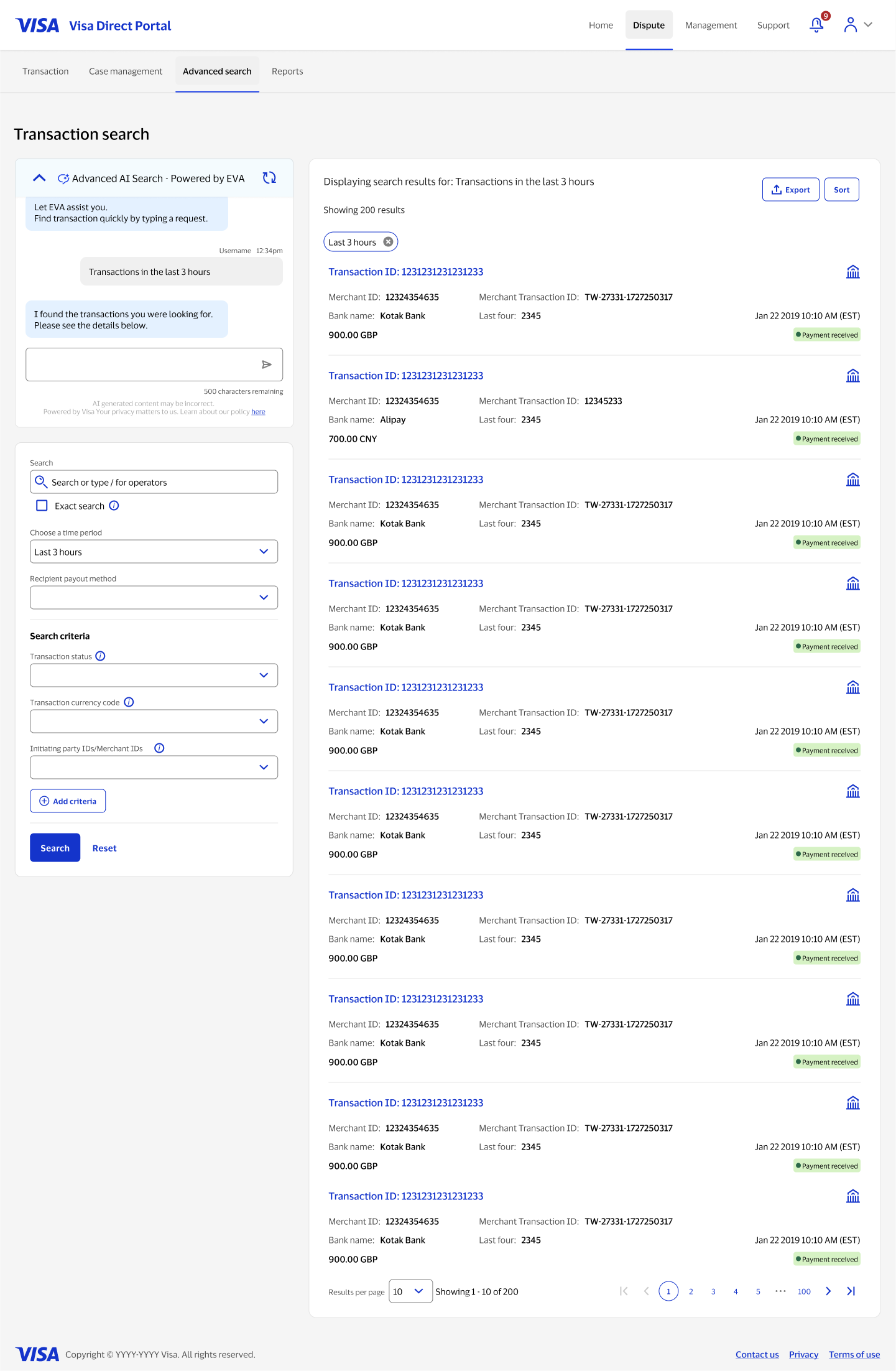 EVA conversation with results and an editable filter chip